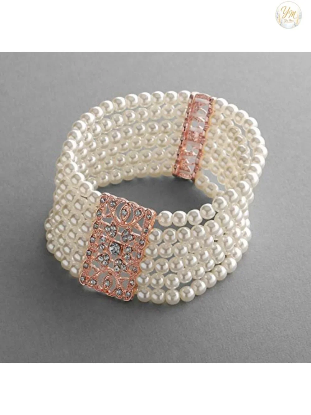 14K Rose Gold Plated Stretch Cuff Bracelet with Crystal Accents, Vintage Bridal